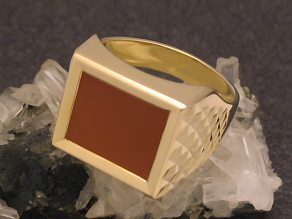 Goldring aus 585er Gold mit ausdrucksstarkem Karneol, Größe 64, Hersteller Juwelier Harnisch, modernes Design über Größe 60/19, ideal für stilvolle Akzente.