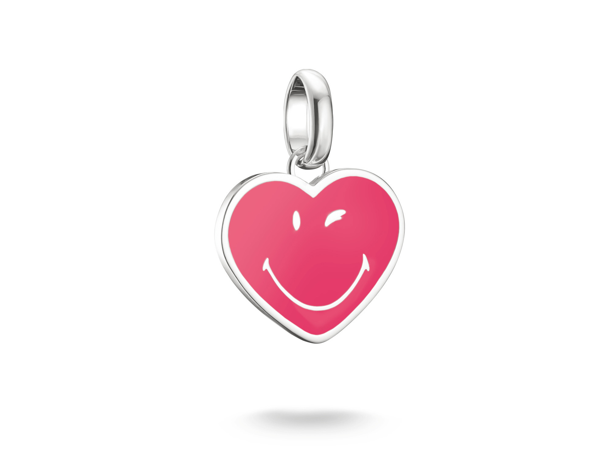 Ein pinkfarbener Herzanhänger mit einem lächelnden Gesicht, ausgestattet mit einer Öse, passend für Thomas Sabo Connect oder Pandora Schmuckstücke, ideal für eine fröhliche Note.