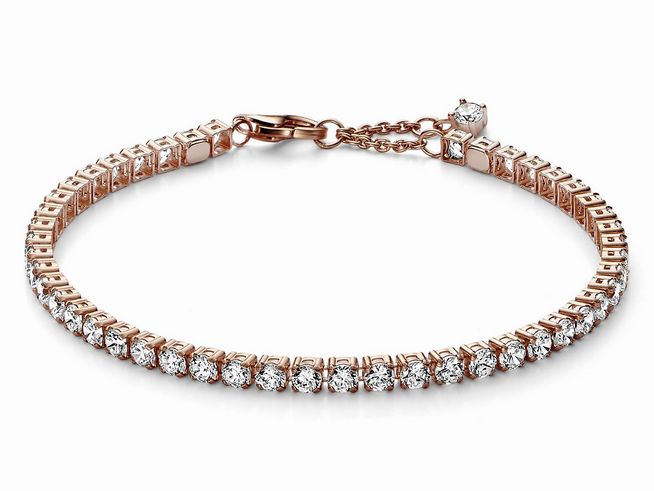 Funkelndes Tennisarmband von Pandora in Roségold mit einer Länge von 16 cm, besetzt mit glitzernden Steinen, elegantes Design ideal für jeden Anlass.