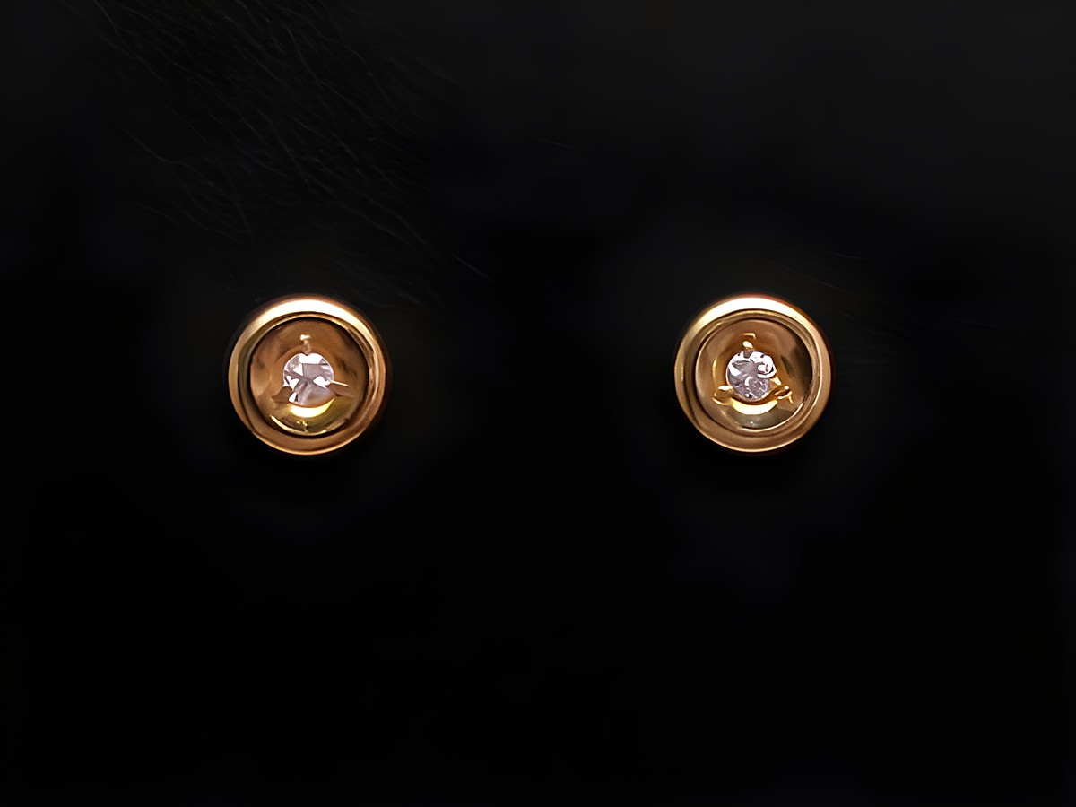 Ohrringe rund in Gold 585 mit einem Diamanten von 0,05 ct W/P, Hersteller Juwelier Harnisch, Brillant und Diamant, elegantes Design auf schwarzem Hintergrund.