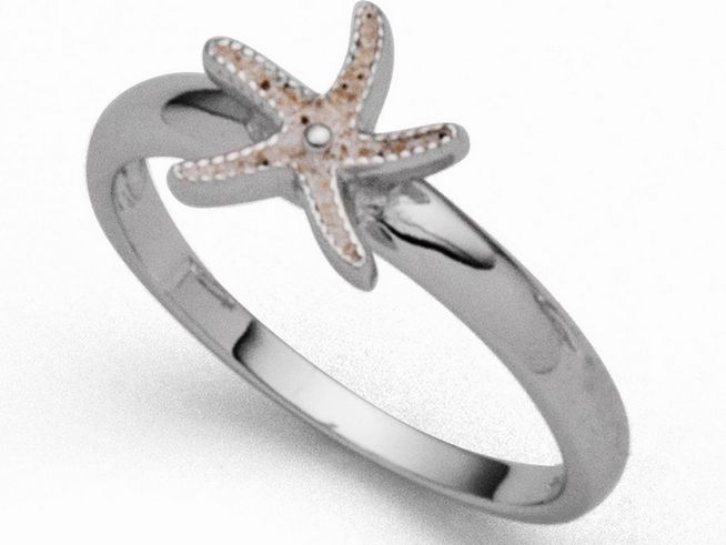 Sterling Silber Ring mit einem Mini Seestern Motiv, verziert mit Strandsand und einer kleinen Perle, Hersteller DUR, Größe 54.