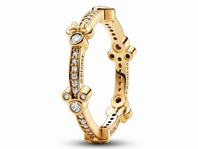 Funkelnder Ewigkeitsring von Pandora in Gelbgold Vergoldung, verziert mit Zirkonia, Design inspiriert von Disney Micky Maus und Minnie Maus, Größe 50.