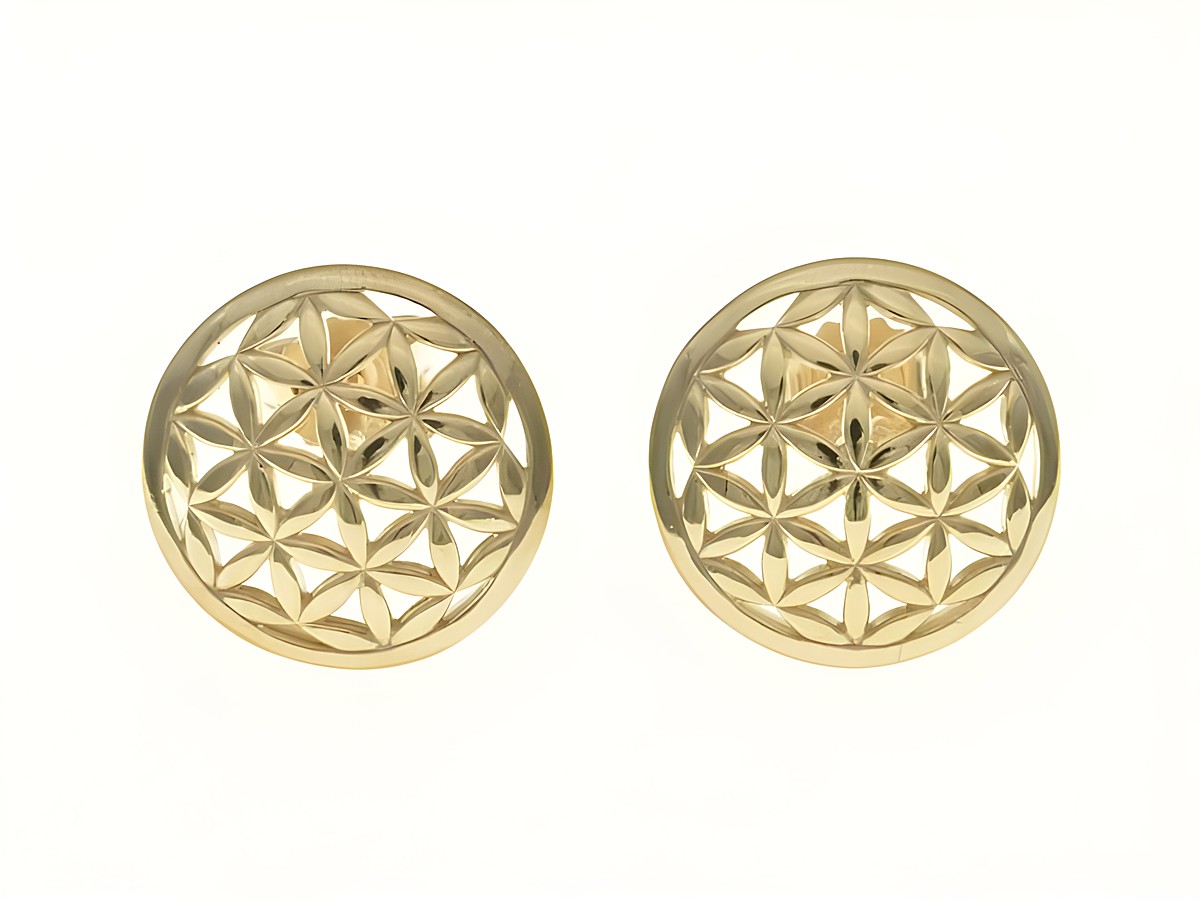 Rund Blumenmuster Ohrstecker aus Sterling Silber mit Roségold vergoldet von Juwelier Harnisch, filigranes Design mit geometrischen Mustern.