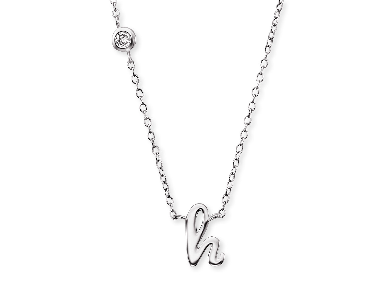 Engelsrufer Kette aus rhodiniertem Silber mit einem Anhänger in Form des Buchstabens h, verziert mit einem Zirkonia, 40 cm lang. Elegantes Schmuckstück für jeden Anlass.