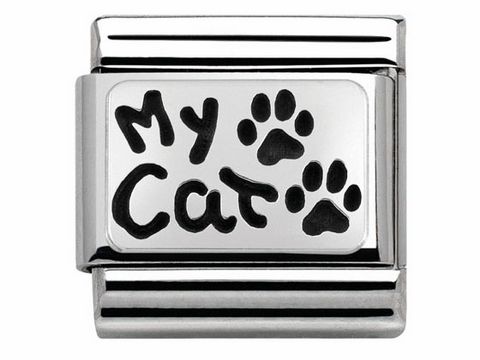 Classic Edelstahl Silber Charm mit der Aufschrift My Cat und Pfotenabdrücken, Hersteller Nomination, Artikelnummer 330102 36. Perfekt für Tierliebhaber.