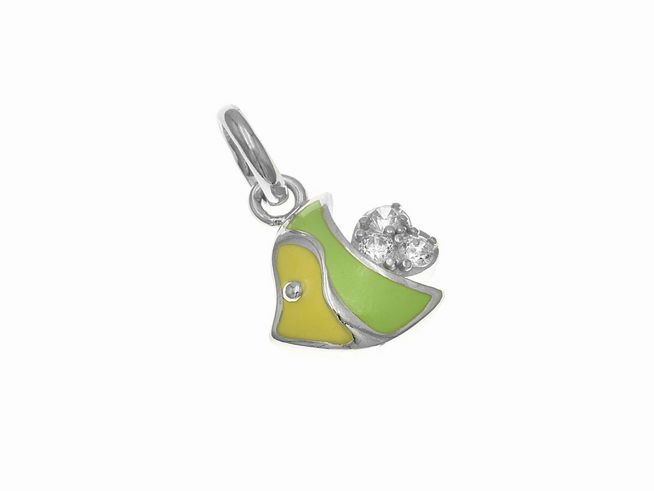Anhänger aus rhodiniertem Sterling Silber in Fischform, poliert, mit gelber und hellgrüner Lackierung sowie Zirkonia, geeignet für Kinder, Hersteller Juwelier Harnisch.