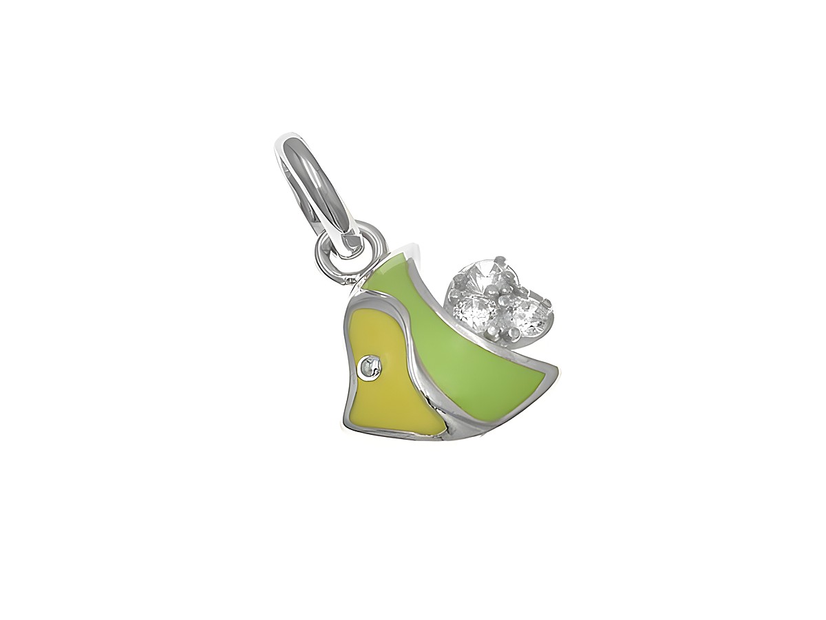 Anhänger aus rhodiniertem Sterling Silber in Fischform, poliert, mit gelber und hellgrüner Lackierung sowie Zirkonia, geeignet für Kinder, Hersteller Juwelier Harnisch.
