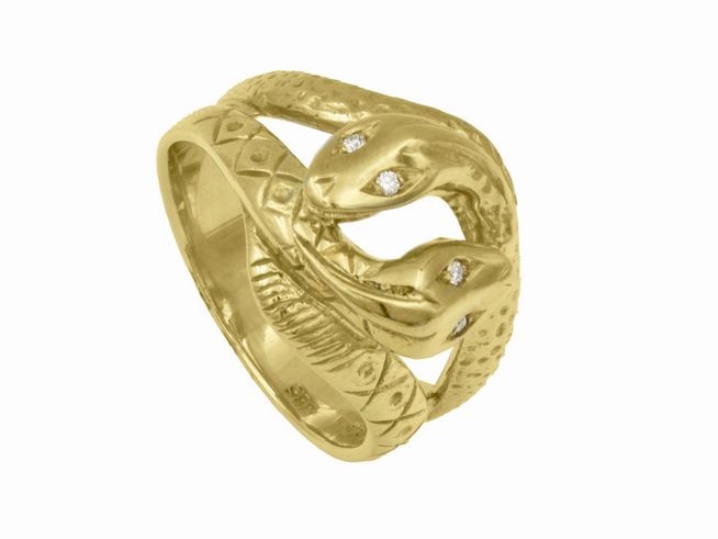 Gelbgold Ring in Schlangenform aus 585er Gelbgold mit zwei dekorativen Diamanten 0,06 ct w-si, Größe 68/69, Hersteller Juwelier Harnisch, über Größe 60/19.