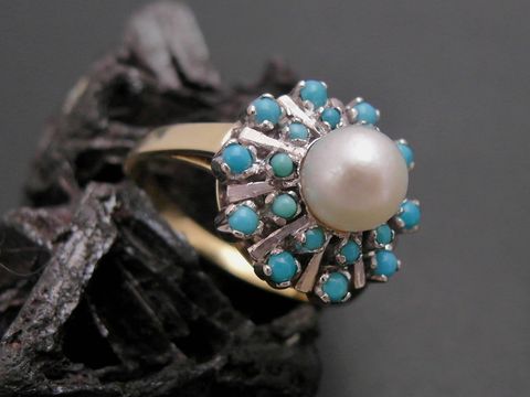 Gold Perlen Ring hinreißend Gr. 55 6,1 mm Zuchtperle mit Türkisen Gold 585 Hersteller Juwelier Harnisch bis Gr. 56/18.