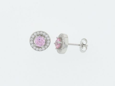 Runde silberne Ohrringe mit hinreißendem pinkem Zirkonia in der Mitte, umgeben von funkelnden Zirkonia-Steinen, Hersteller: Juwelier Harnisch, Steckerdesign.