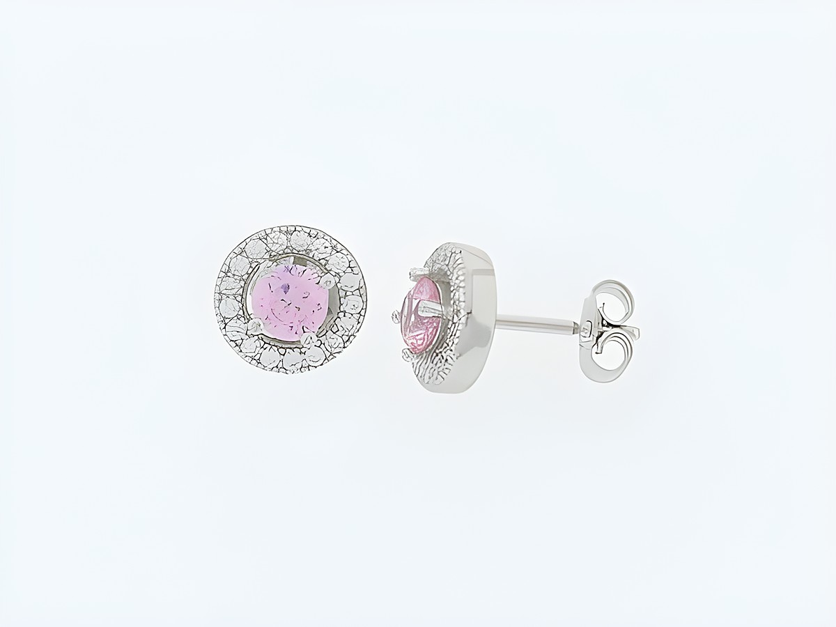 Runde silberne Ohrringe mit hinreißendem pinkem Zirkonia in der Mitte, umgeben von funkelnden Zirkonia-Steinen, Hersteller: Juwelier Harnisch, Steckerdesign.
