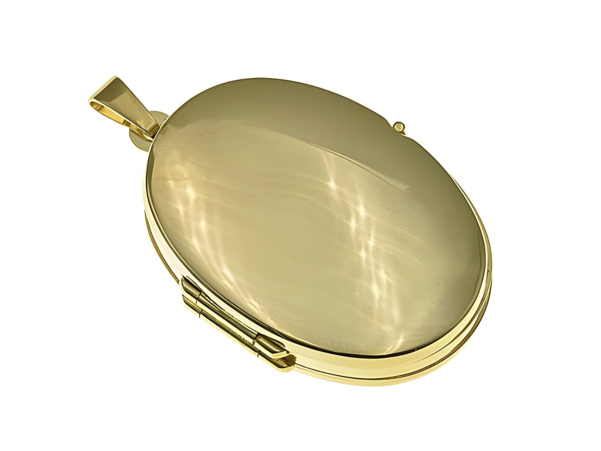 Medaillon für 4 Fotos mit den Maßen 26 x 19 mm aus poliertem 585er Gold, hergestellt von Juwelier Harnisch, elegant und hochwertig, ideal für persönliche Erinnerungen.