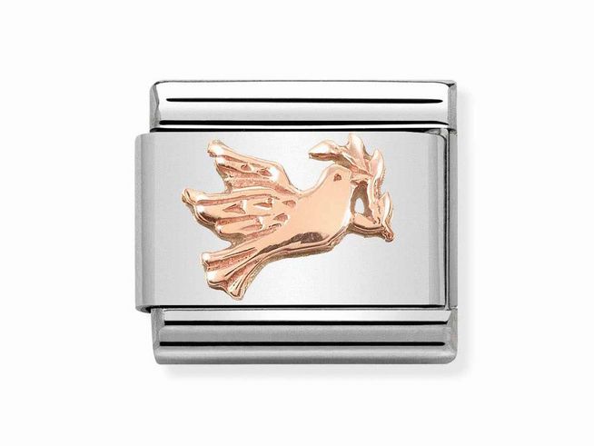 Die Nomination Classic Roségold Relief 430106 17 zeigt eine stilisierte Taube aus Roségold auf einem silbernen Hintergrund, ideal für persönliche Armbänder und Schmuckkollektionen.