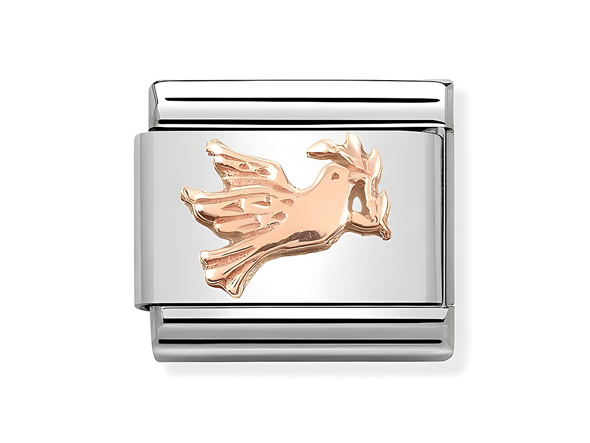Die Nomination Classic Roségold Relief 430106 17 zeigt eine stilisierte Taube aus Roségold auf einem silbernen Hintergrund, ideal für persönliche Armbänder und Schmuckkollektionen.
