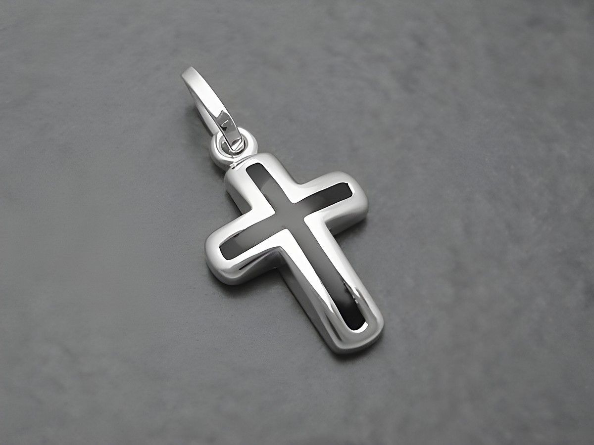 Kreuz poliert schwarz und Sterling Silber Anhänger mit lackierter schwarzer Fläche und einem Stein, Hersteller Juwelier Harnisch, elegant und zeitlos gestaltet.