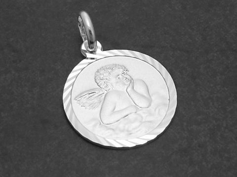 Anhänger Schutzengel aus 925 Sterling Silber mit feiner Gravurplatte, dargestellt ist ein Engel mit nachdenklichem Ausdruck, Hersteller Juwelier Harnisch.