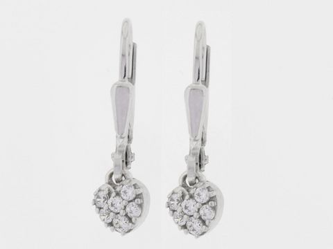 Silber Ohrringe in Herzform, rhodiniert mit klaren Zirkonia, romantische Ohrhänger mit Stein, hergestellt von Juwelier Harnisch.