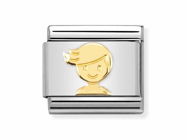 Edelstahlarmbandglied von Nomination mit einem goldenen Jungenmotiv aus Gold 750, ideal für individuelle Charm-Armbänder. Perfekte Ergänzung für Jungenliebhaber.