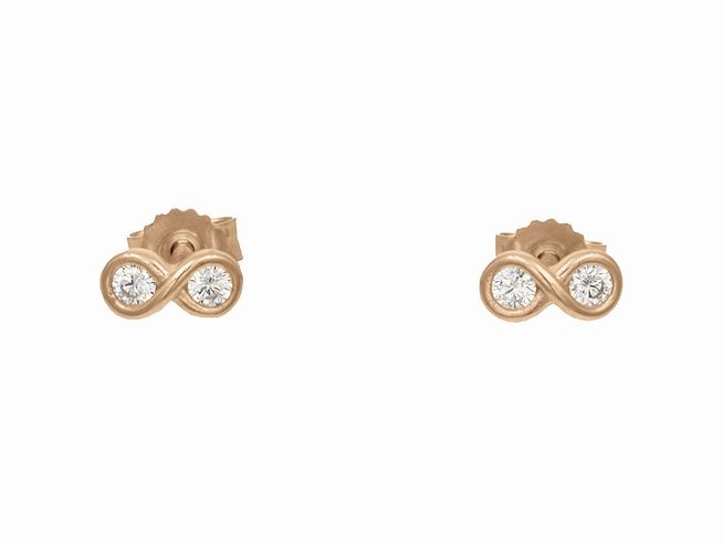 Edelstecker in Form eines Unendlichkeitssymbols aus vergoldetem Roségold, gefertigt aus Sterling Silber, mit zwei weißen Zirkonia besetzt, Hersteller Juwelier Harnisch.