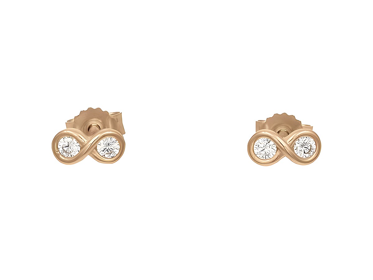 Edelstecker in Form eines Unendlichkeitssymbols aus vergoldetem Roségold, gefertigt aus Sterling Silber, mit zwei weißen Zirkonia besetzt, Hersteller Juwelier Harnisch.
