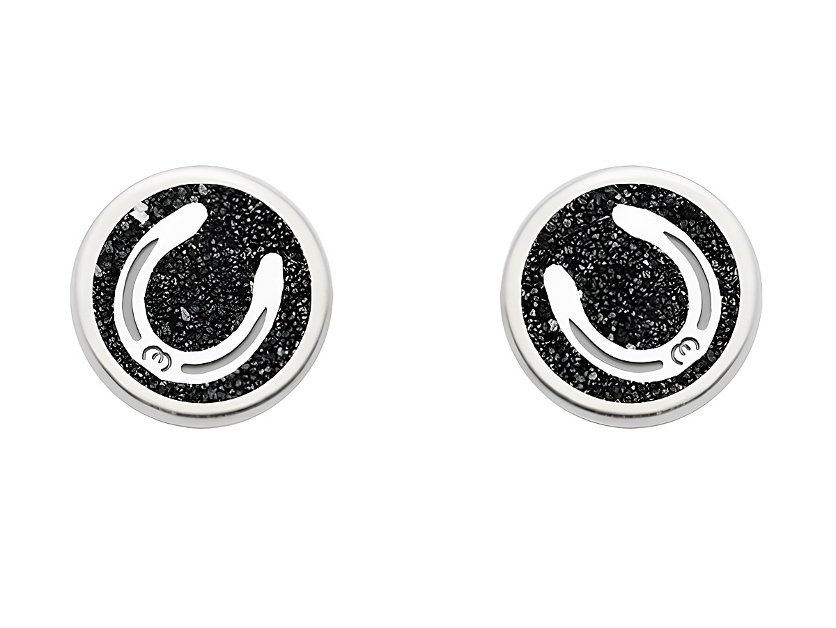 DUR Ohrring Pferdeglück Hufeisen aus Sterling Silber rhodiniert mit Lavasand in Schwarz. Runde Form mit Hufeisenmotiv, ideal für Pferdefreunde. Neuheiten im Schmucksortiment.
