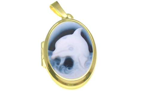 Delfin Achat Gemme Medaillon aus Gold 333, hergestellt von Juwelier Harnisch, mit feiner Darstellung eines Delfins in Wellen, elegant und zeitlos.