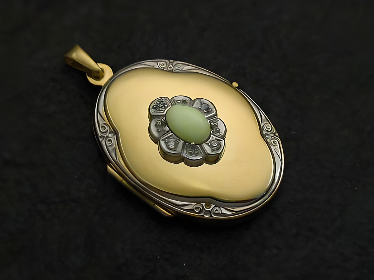 Chrysopras Lemon Medaillon Cabochon aus Gold 585 bicolor mit Brillanten, gefertigt von Juwelier Harnisch, stilvolles Design mit feiner Detailarbeit und elegantem Schimmer.