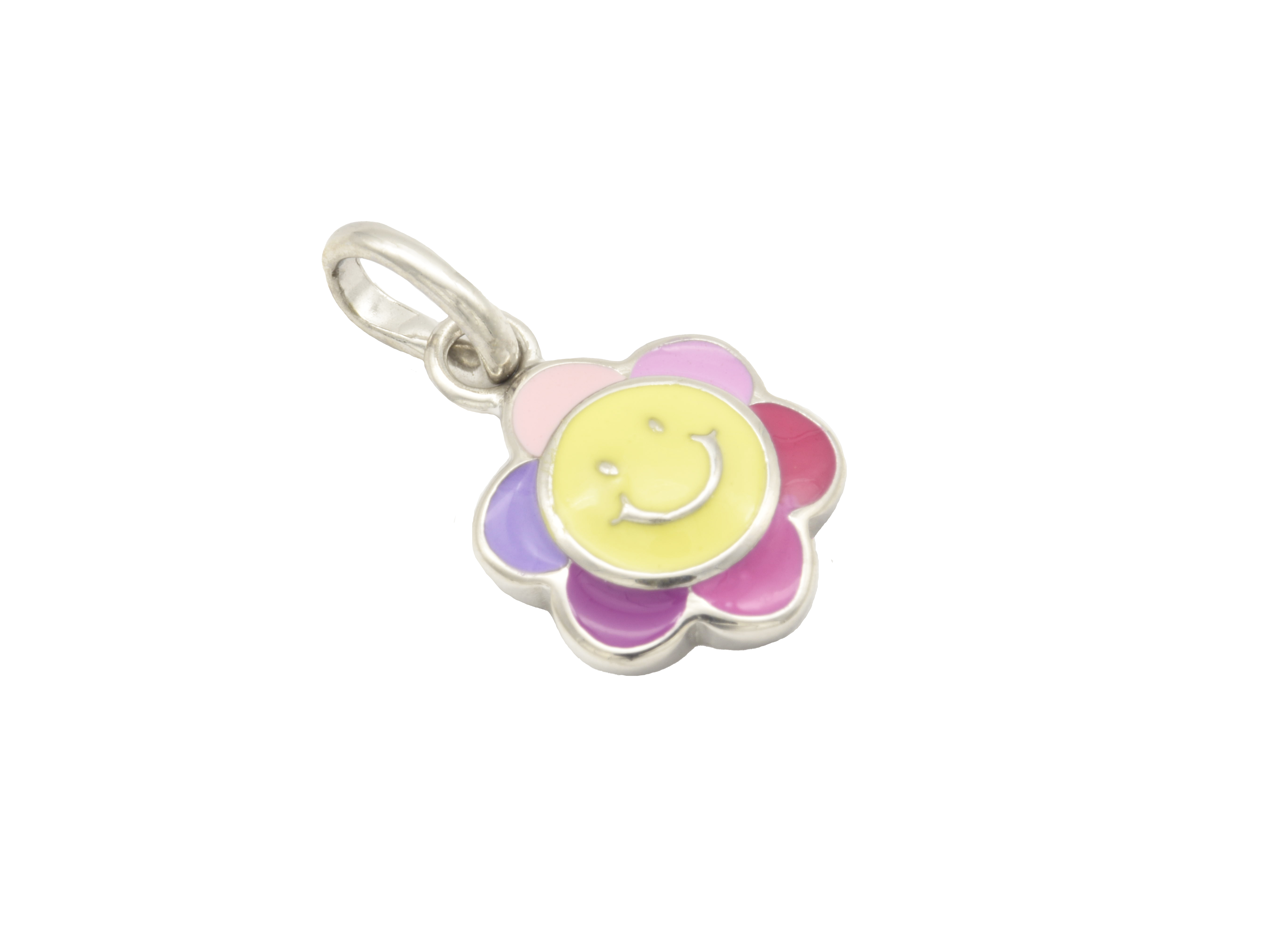 Ein bunter Anhänger in Form einer Blume aus Sterling Silber 925, rhodiniert und poliert, mit einem lächelnden Gesicht in der Mitte, geeignet für Kinderschmuck.