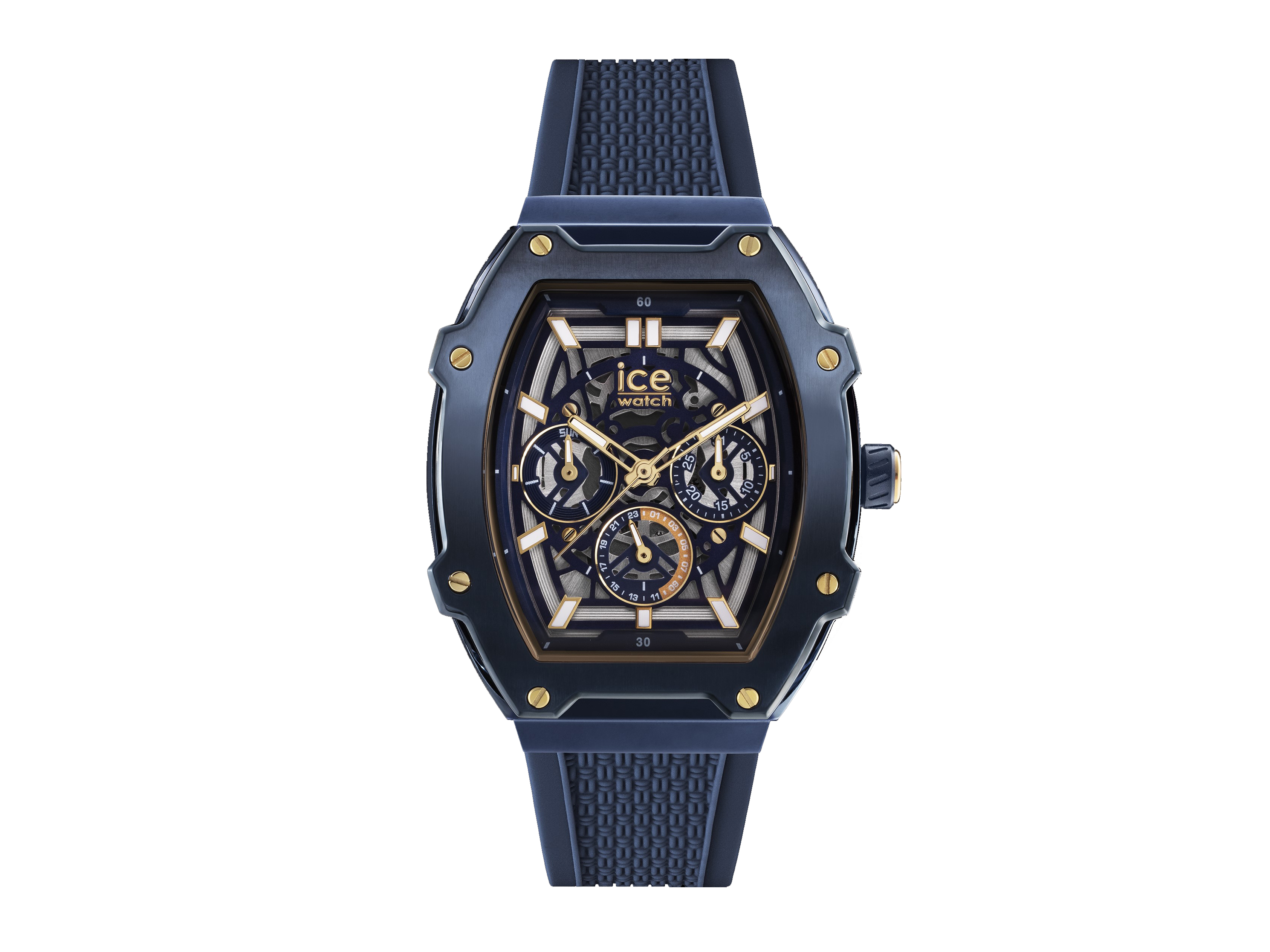 Die Ice Watch 024371 ICE boliday Uhr in Blau ist stylish mit einem sportlichen Design, einem runden Ziffernblatt und goldenen Akzenten auf dem strapazierfähigen Band aus Gummi.