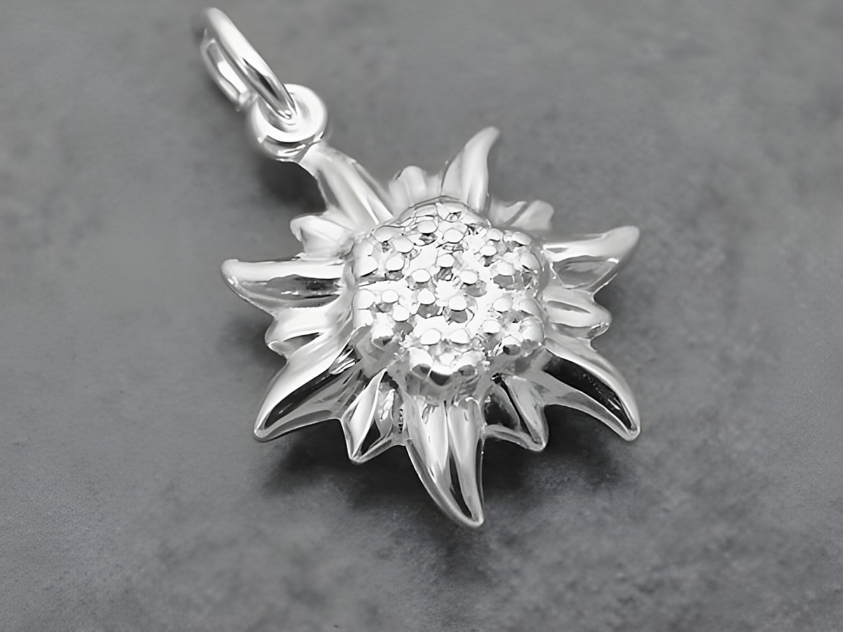 Silber Anhänger mit Edelweiß-Motiv, natürlich und teilmattiert, hergestellt von Juwelier Harnisch, symbolisiert die alpine Pflanzenwelt in einem eleganten Design.