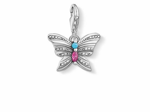 56968605-0 Silberner Charm-Anhänger in Schmetterlingsform von Thomas Sabo mit bunten Steinen in Blau und Pink, ideal als tierisches Schmuckstück für individuelle Stylings.