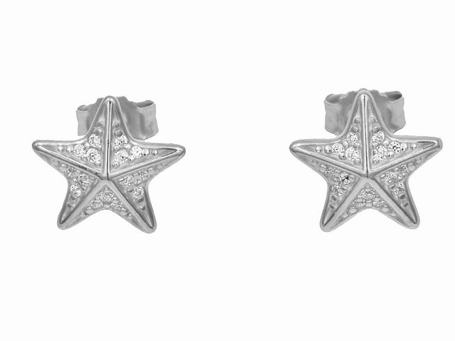 Ohrstecker in Form von Seesternen aus rhodiniertem Sterling Silber, poliert und verziert mit weißen Zirkonia, hergestellt von Juwelier Harnisch.
