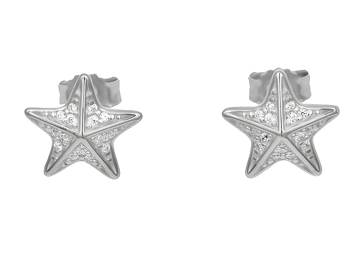 Ohrstecker in Form von Seesternen aus rhodiniertem Sterling Silber, poliert und verziert mit weißen Zirkonia, hergestellt von Juwelier Harnisch.