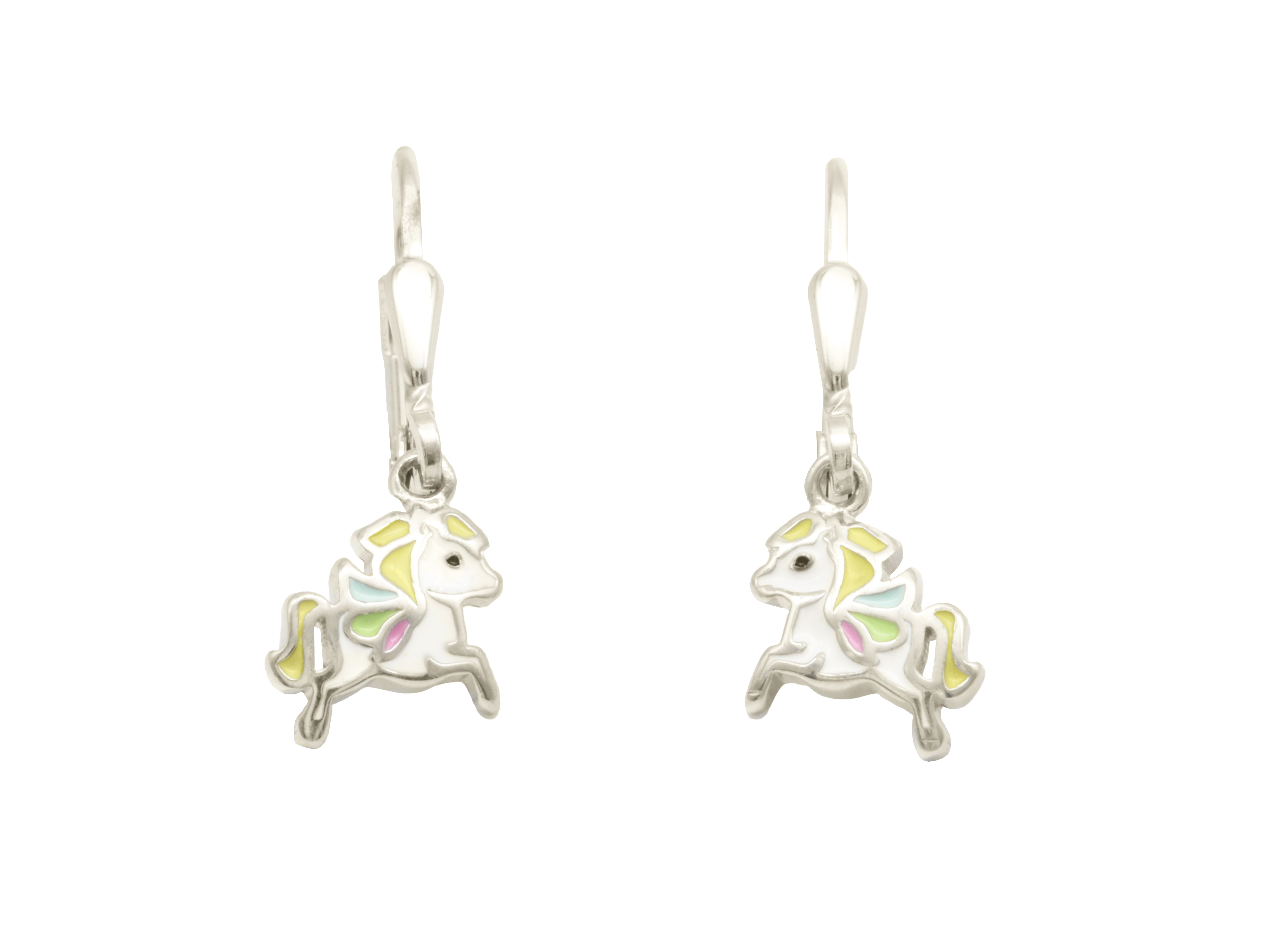Ohrhänger Pegasus Kinderschmuck aus rhodiniertem Sterling Silber 925 mit buntem Lack, hergestellt von Juwelier Harnisch, für Kinder geeignet.