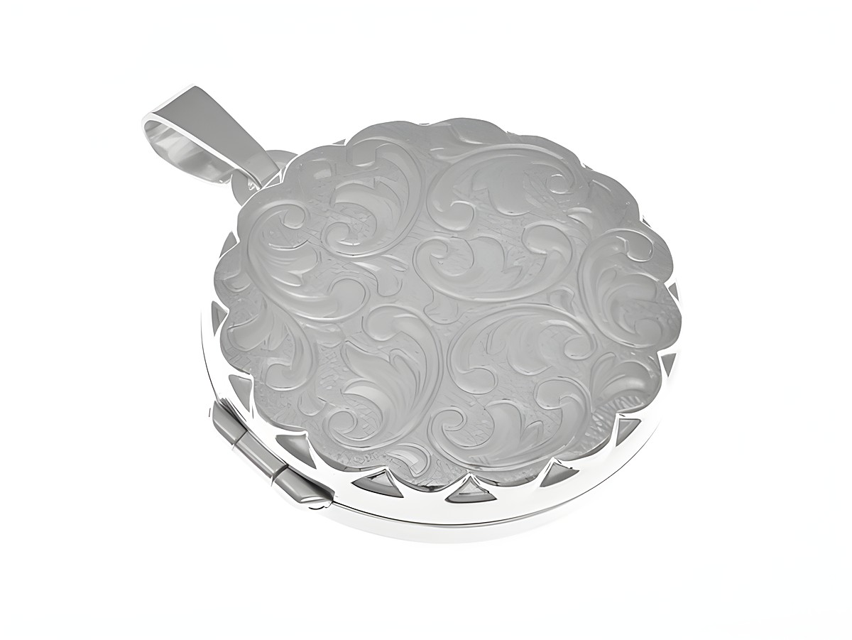 Medaillon rund mit Diamantschliff aus Sterling Silber, rhodiniert und verschlungen, Hersteller Juwelier Harnisch, verziert mit einem eleganten, gravierten Muster.