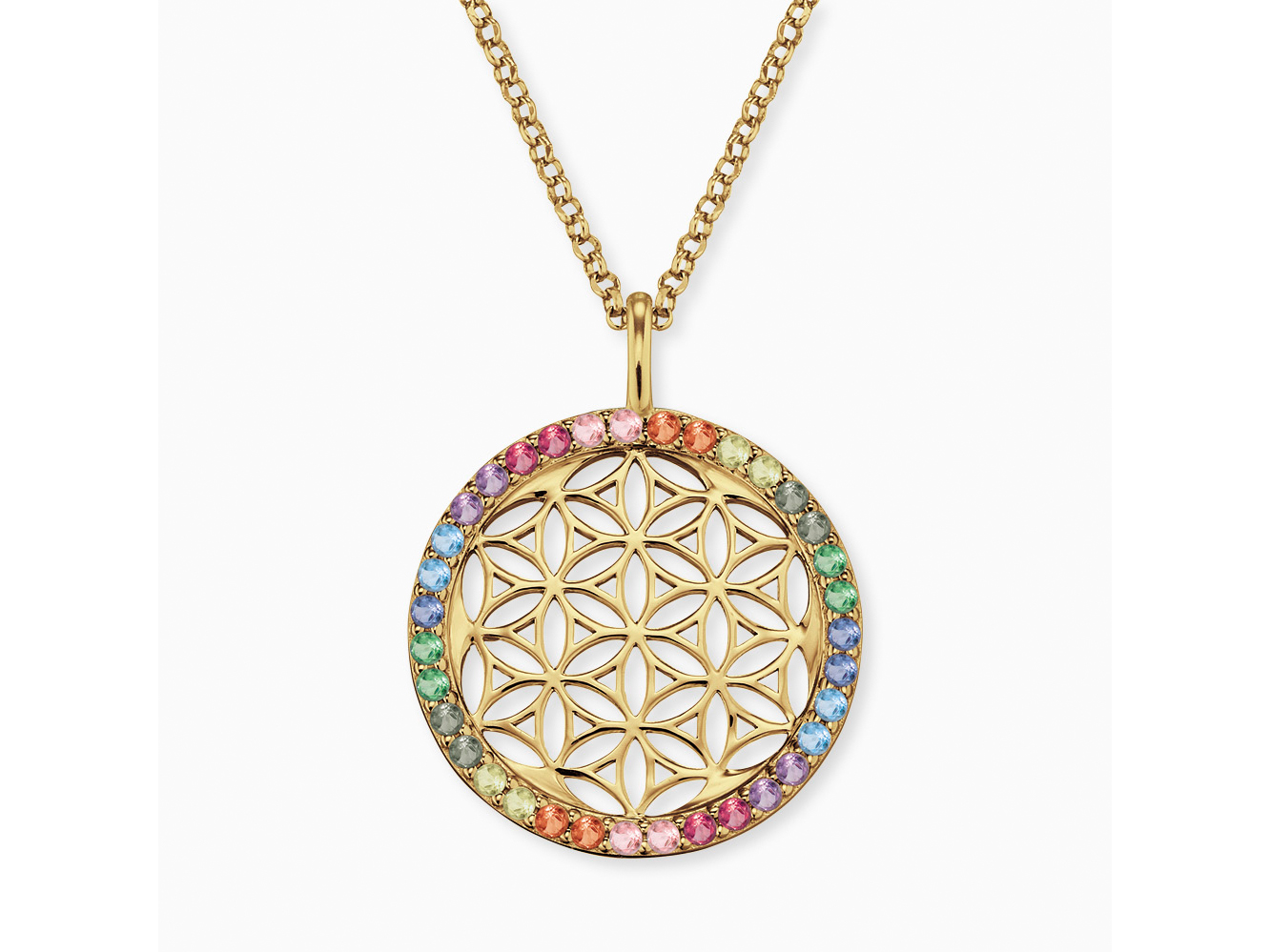 Engelsrufer ERN-LILLIFL-ZIM-G LEBENSBLUME Halskette mit Anhänger - Zirkonia Multicolor 21 mm 45cm Eine goldene Halskette mit einem runden Anhänger, der das Lebensblumen-Motiv zeigt, umrandet von bunten Zirkonia-Steinen in verschiedenen Farben. Die Kette hat eine Länge von 45 cm.