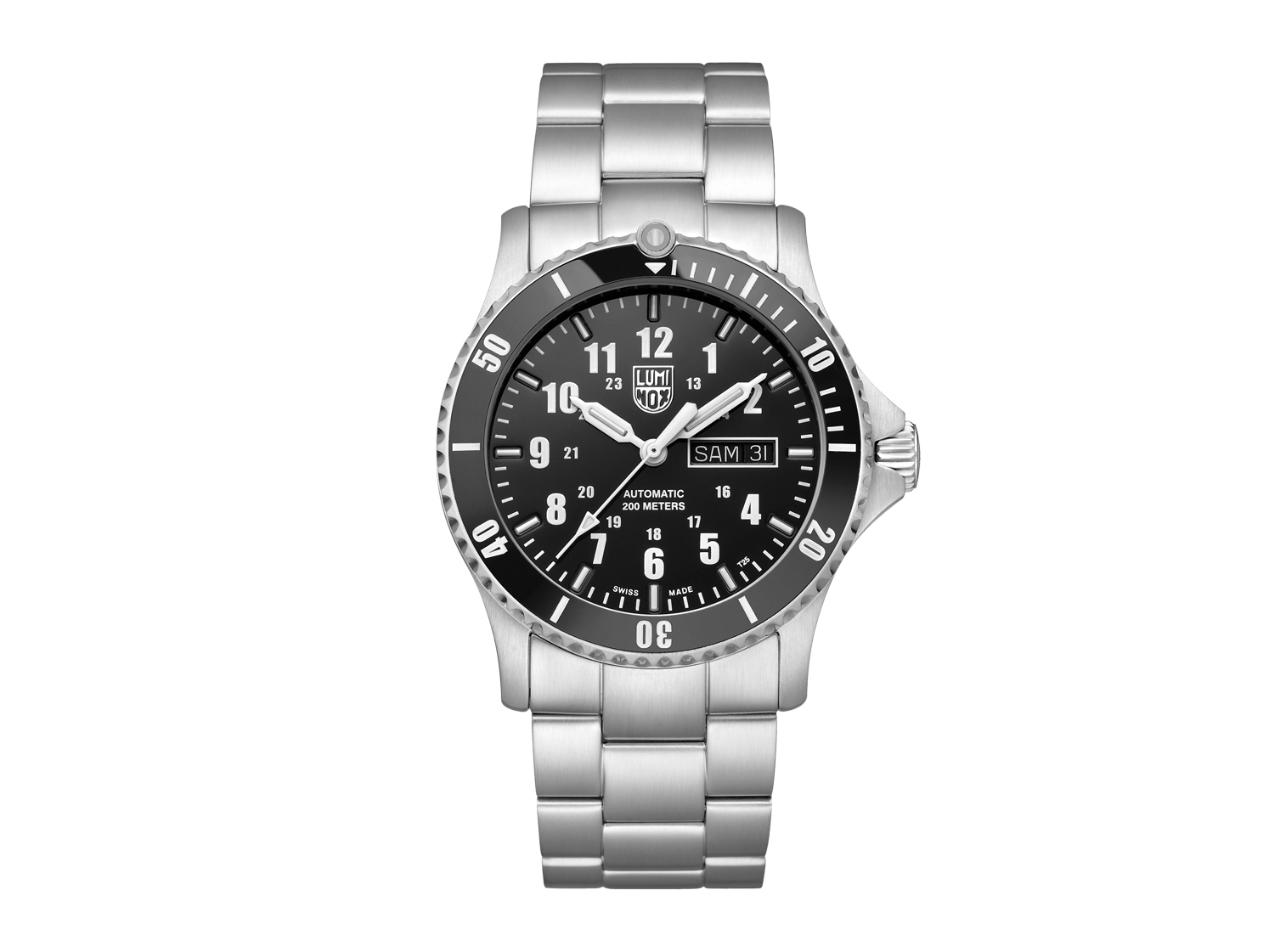 Luminox Uhr XS.0921.M - Sea - Silber - 42 mm mit schwarzem Zifferblatt, Automatik-Mechanismus, Datumsanzeige und Edelstahlarmband, designed für Wasserdichtigkeit bis 200 Meter.