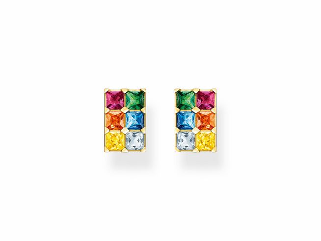 Ohrstecker aus sterling Silber vergoldet mit bunten Zirkonia in Regenbogenfarben, schimmernder, eleganter Design mit rechteckiger Anordnung der Steine.