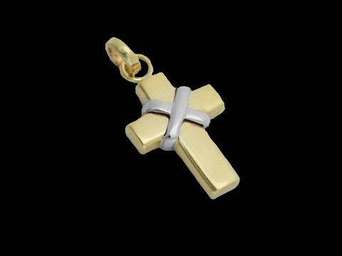 Kreuz Anhänger Gold 585 bicolor elegant, Hersteller Juwelier Harnisch, stilvolles Design mit einem goldenen und silbernen Element, ideal als modisches Accessoire.