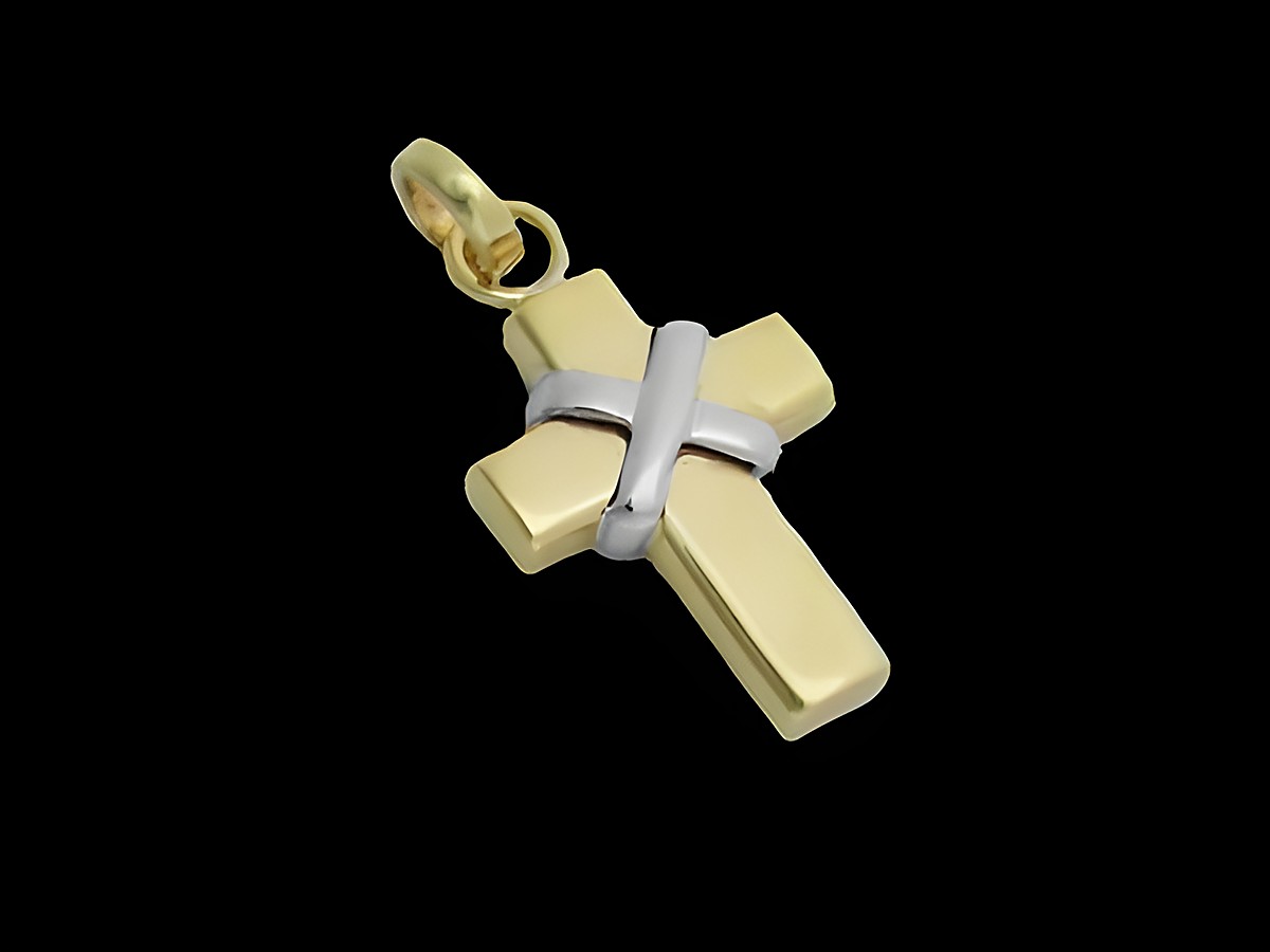 Kreuz Anhänger Gold 585 bicolor elegant, Hersteller Juwelier Harnisch, stilvolles Design mit einem goldenen und silbernen Element, ideal als modisches Accessoire.