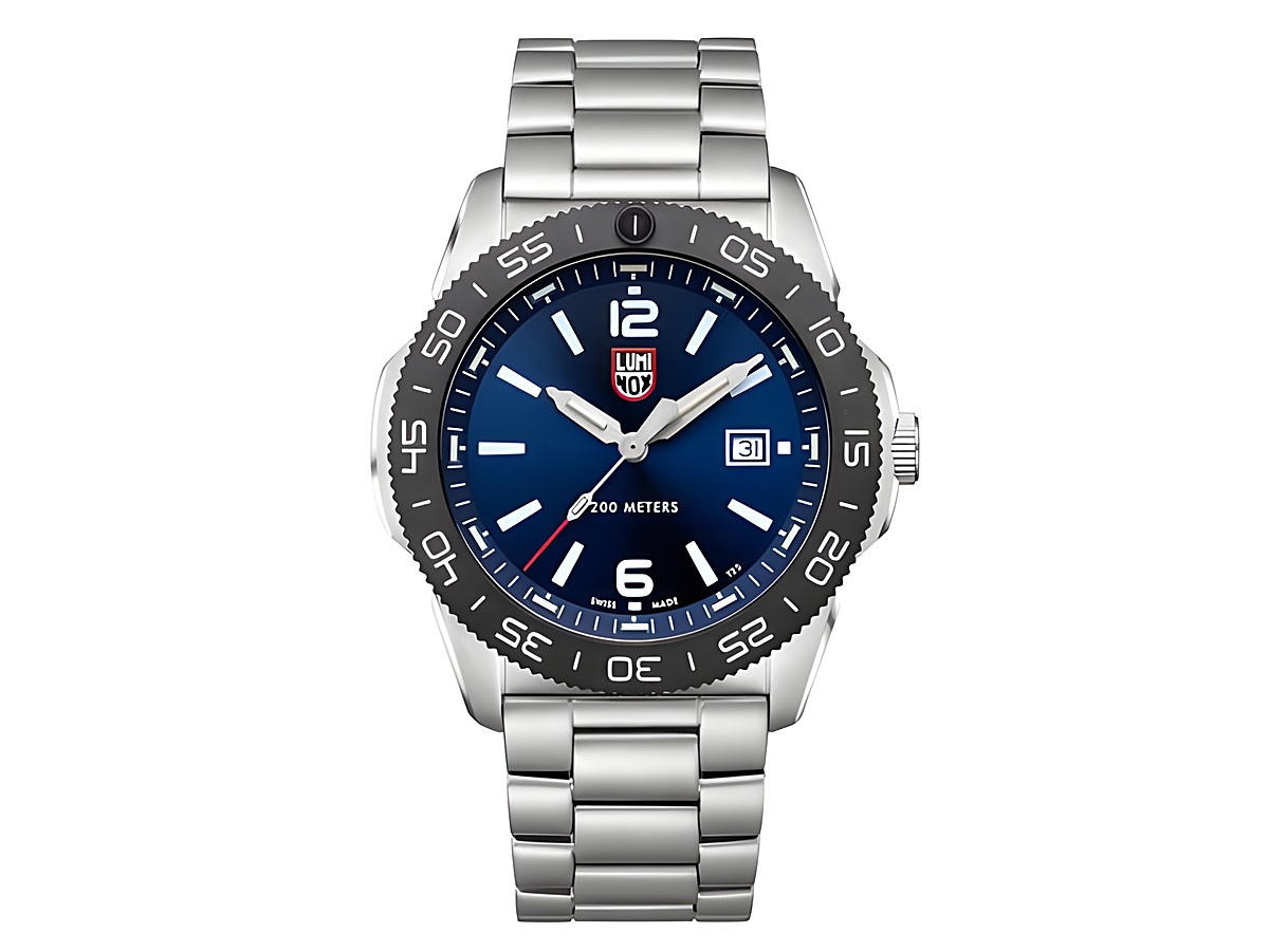 Luminox Sea XS.3123 Herren-Armbanduhr mit Edelstahlarmband, blauer Zifferblattfarbe, markanten Ziffern und drehbarer Lünette, wasserdicht bis 200 Meter, sportliches und robustes Design.