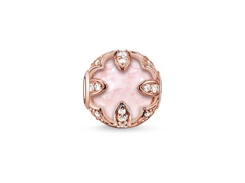 Lotus Charm in roségold aus Sterling Silber mit Rosenquarz und pinken Zirkonia, von Thomas Sabo, gefertigt als Karma Bead, elegantes Design mit floralen Akzenten.
