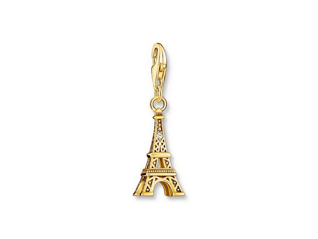 Charm-Anhänger in Eiffelturm-Design aus Silber mit Gelbgoldvergoldung und Zirkonia, ideal für Armbänder und Ketten, Teil der Thomas Sabo Neuheiten.