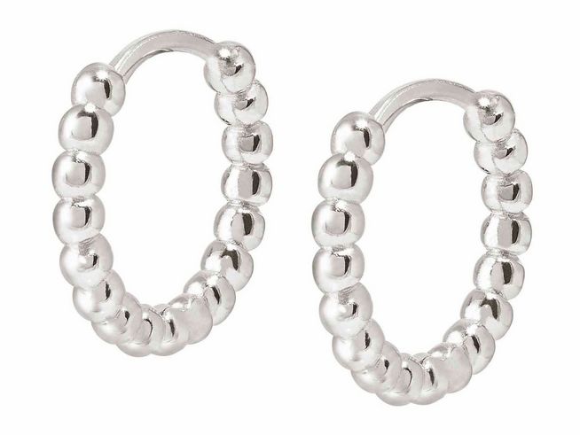 Ohrhänger aus rhodiniertem Sterling Silber mit einer eleganten, modernen Form und einer Reihe von kleinen, glänzenden Kugeln, perfekt für jeden Anlass.
