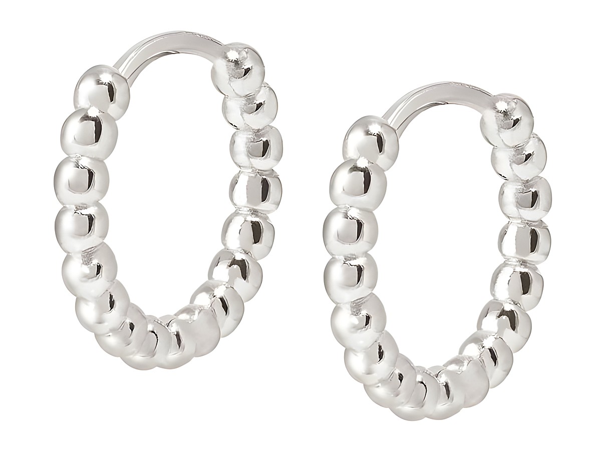 Ohrhänger aus rhodiniertem Sterling Silber mit einer eleganten, modernen Form und einer Reihe von kleinen, glänzenden Kugeln, perfekt für jeden Anlass.