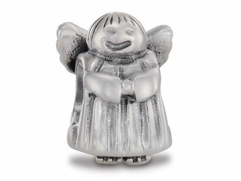 Engel Schutzengel von PANDORA, aus Silber gefertigt, mit einem fröhlichen Gesicht, Flügeln und einem Kleid, ideal für das charms und Moments Sortiment von PANDORA.