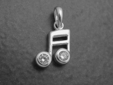 Silber Anhänger in Form einer Note für Musikfans, verziert mit weißen Zirkonia, Hersteller: Juwelier Harnisch, ideal als stilvolles Accessoire.