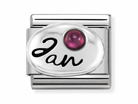 Monatsstein Granat für Januar in einem eleganten Design aus Silber mit dem Schriftzug Jan und einer roten Steinfassung von Nomination, perfekt für jeden Anlass und Sternzeichen.
