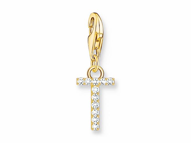 Charm-Anhänger in Form des Buchstabens T aus Silber mit vergoldeter Oberfläche, besetzt mit funkelndem Zirkonia in Weiß, von Thomas Sabo.