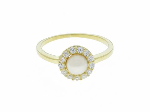 302365-0 Ring mit klassischer Perle und vergoldetem Silber, umgeben von funkelnden Zirkonsteinen, Größe 58, Hersteller Juwelier Harnisch. Elegantes Schmuckstück für besondere Anlässe.